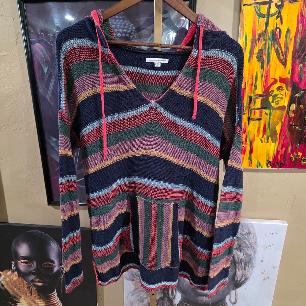 Y2K American Eagle Color Block V-Neck Sweater Boho Cottagecore Medium